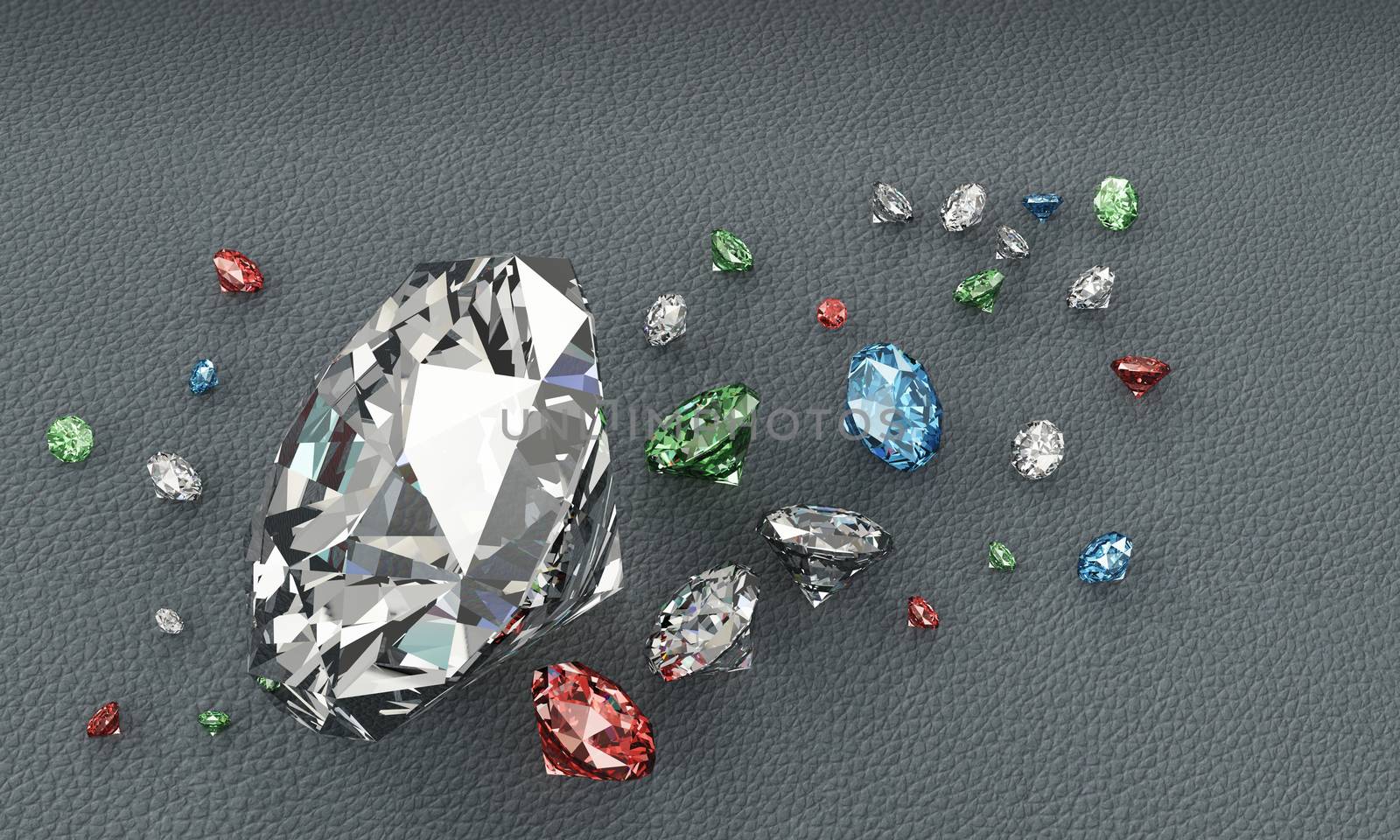 Multi color diamonds on leather surface from 3D Rendering. Focus on big diamond and blur small.
