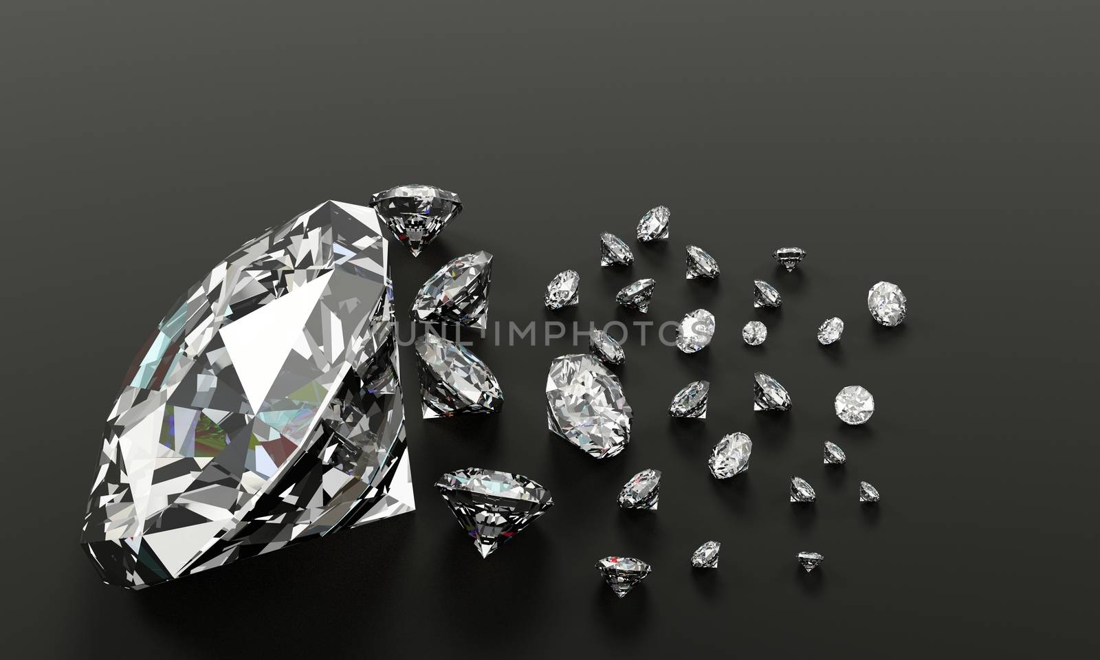 3D Rendering many size diamonds on gray  leather surface