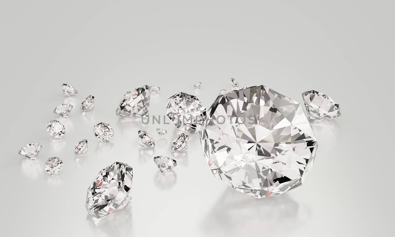 Many size Diamonds on  white background with Reflection on surface. 3D Rendering.