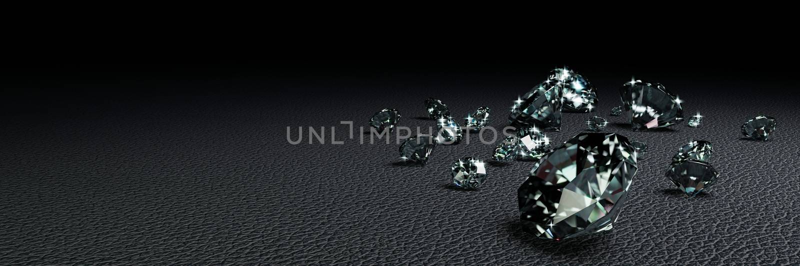 3D Rendering many size diamonds on dark gray  surface