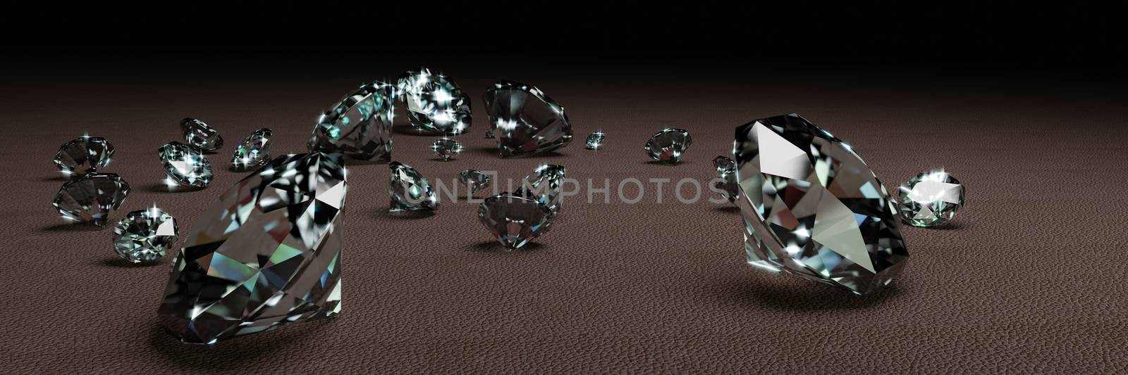 3D Rendering many size diamonds on dark gray  surface