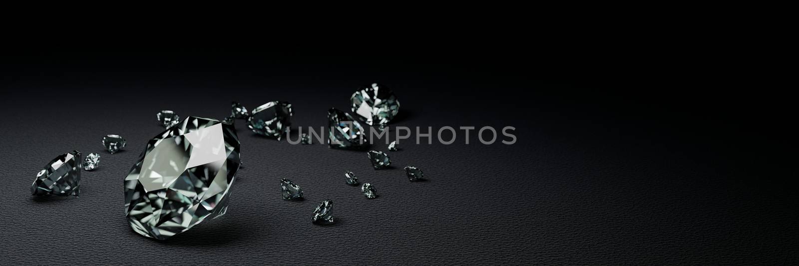 3D Rendering many size diamonds on dark gray  surface
