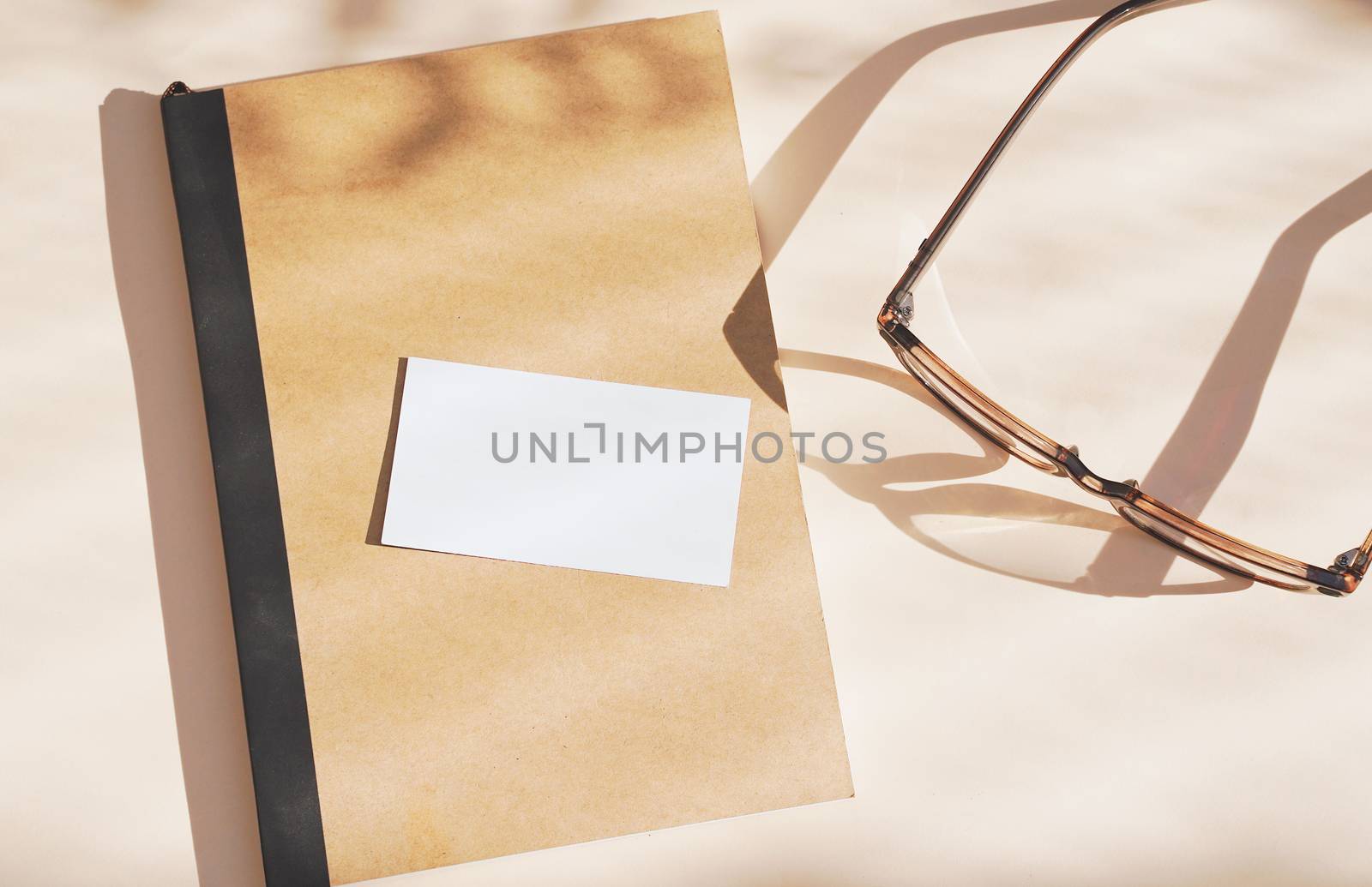 Flat lay of branding identity business name card on notebook with eyeglasses, light and shadow shape leaves, minimal concept for design