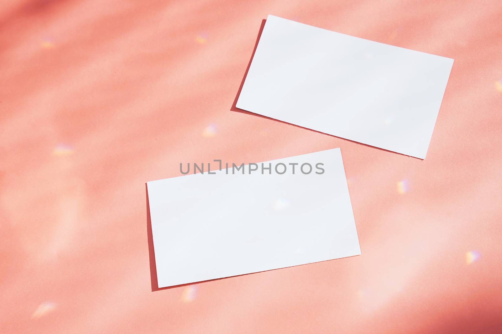 Flat lay of branding identity business name card on orange background with sparkle light and shadow, minimal design