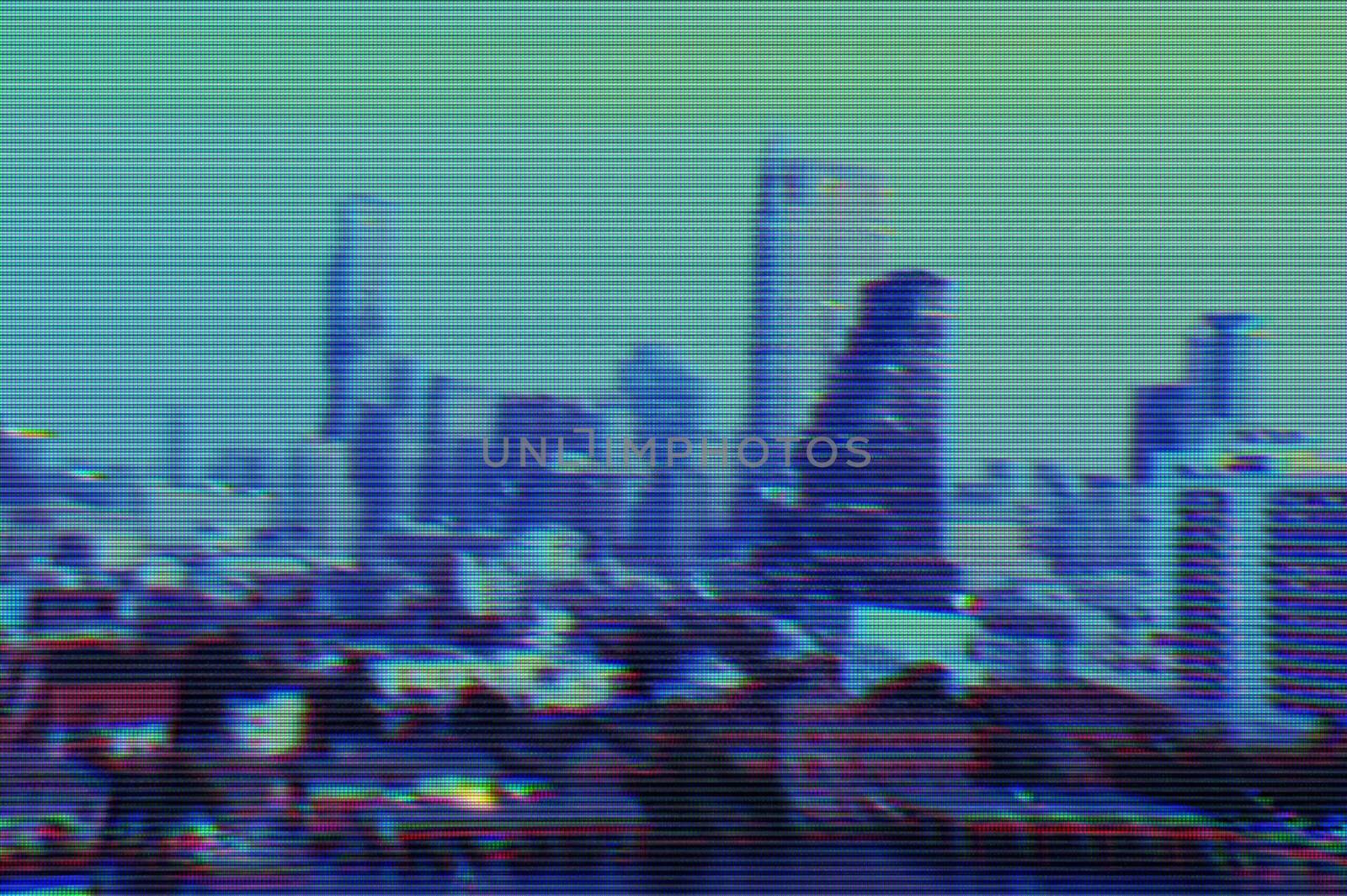 View of modern buildings and cityscape background with digital glitch effect