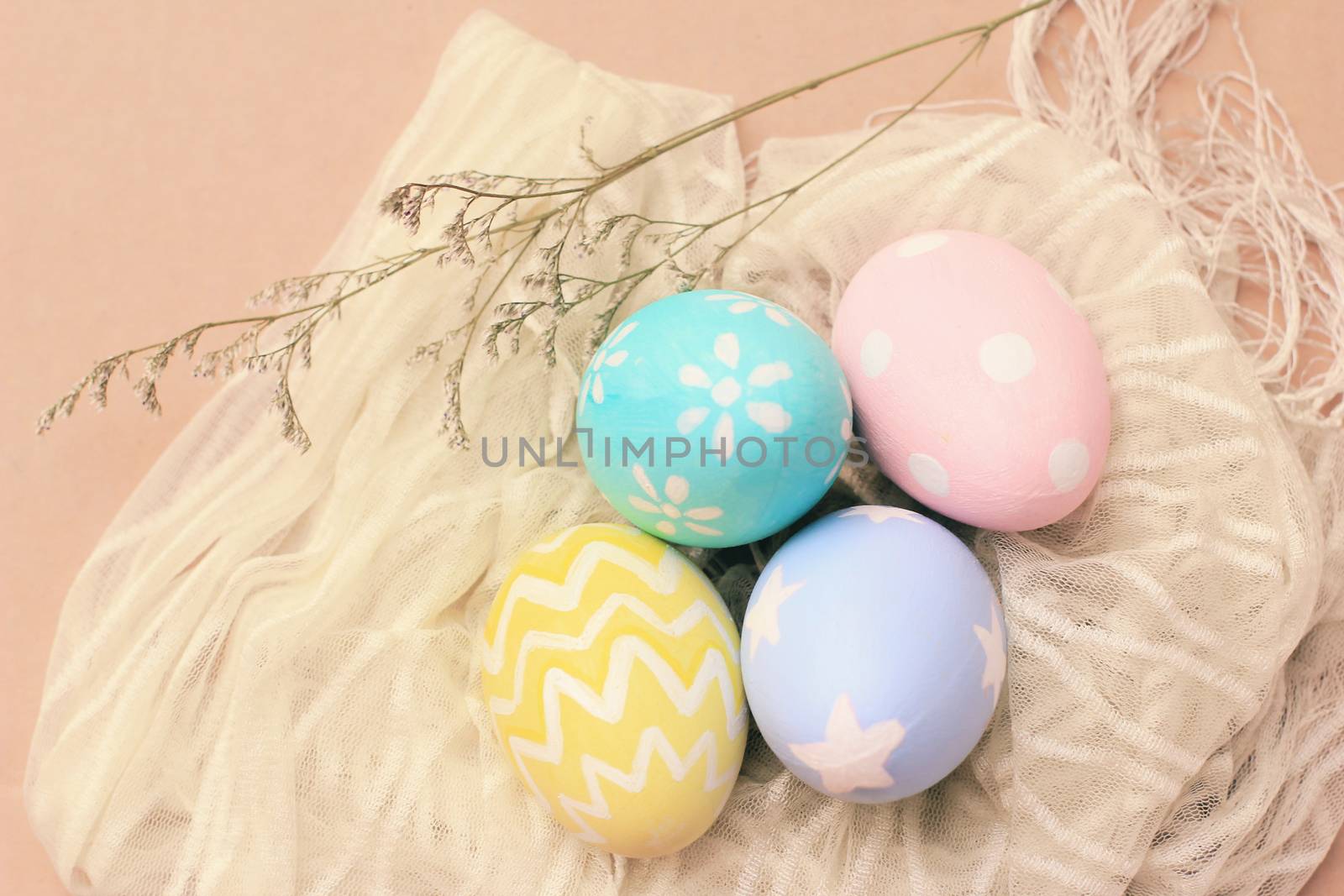 Pastel and colorful easter eggs on cloth with copy space, happy  by nuchylee