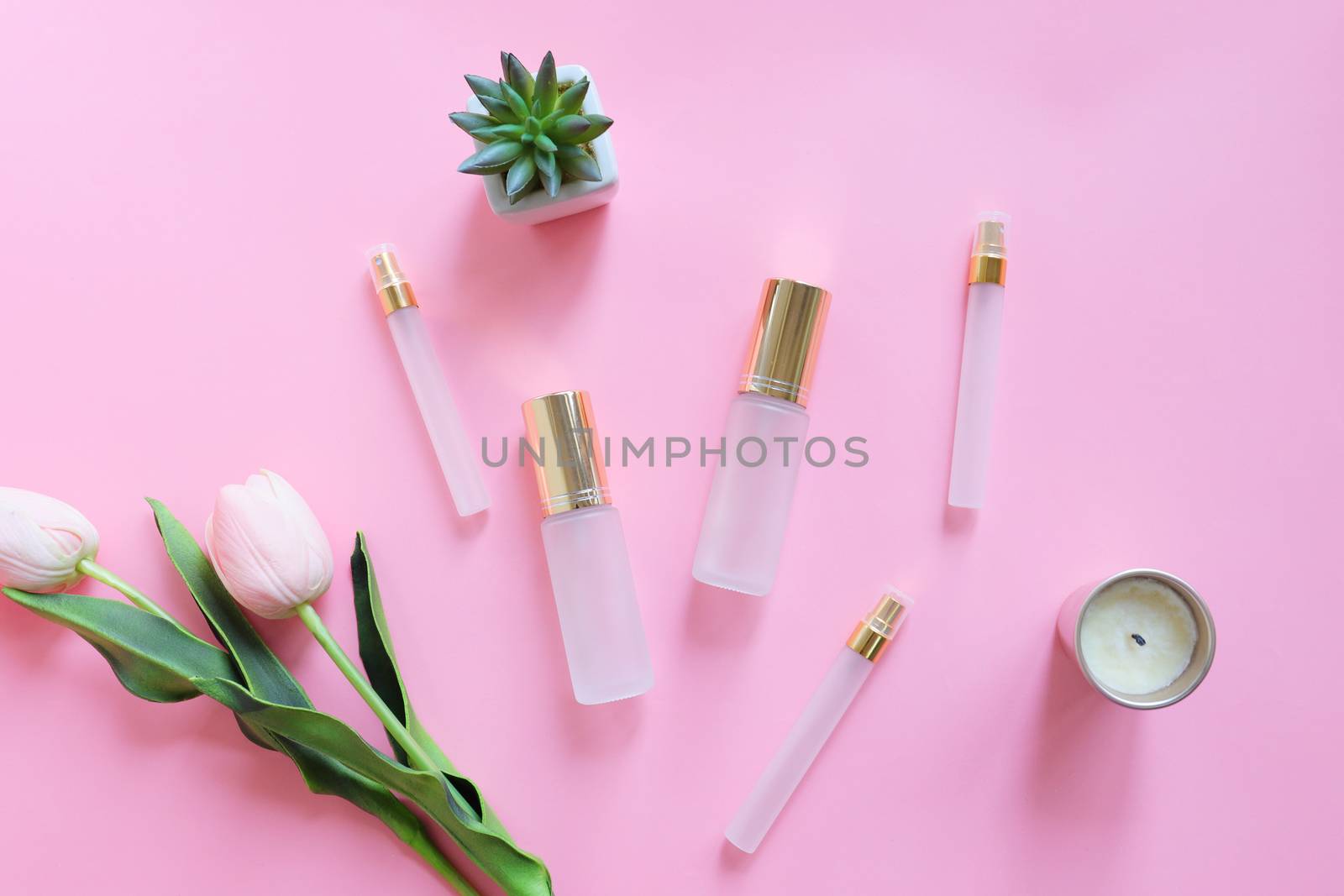 Flat lay of beauty skincare products for mock up in minimal style with plant and flower on pink background