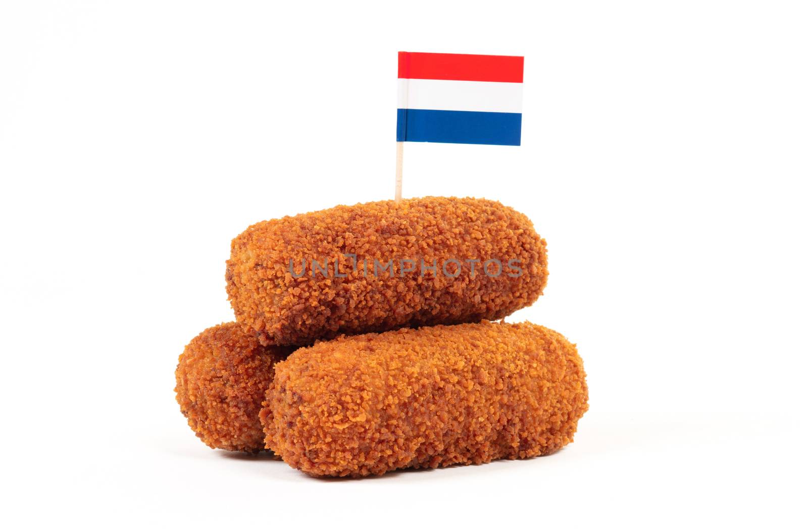 Brown crusty dutch kroketten with dutch flag, isolated on a white background