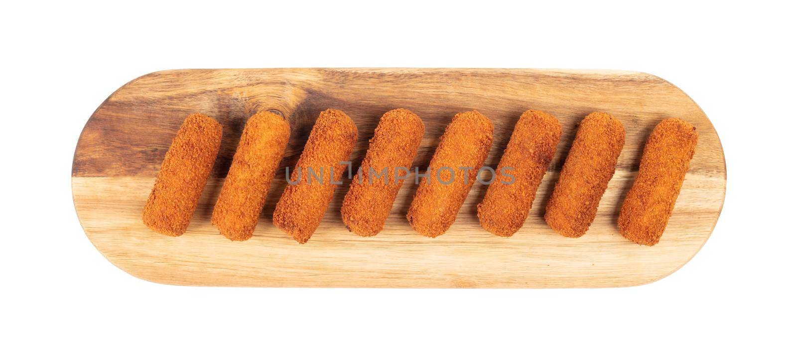 Brown crusty dutch kroketten on a serving tray, isolated on a white background