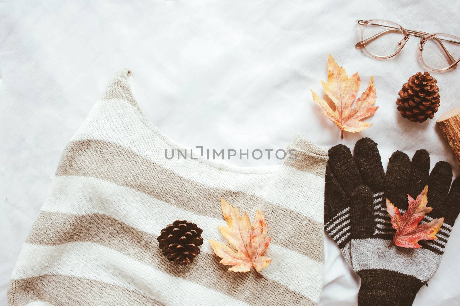 Flat lay of autumn fashion style, sweater, scarf and eyeglasses with maple leaves on white sheet background
