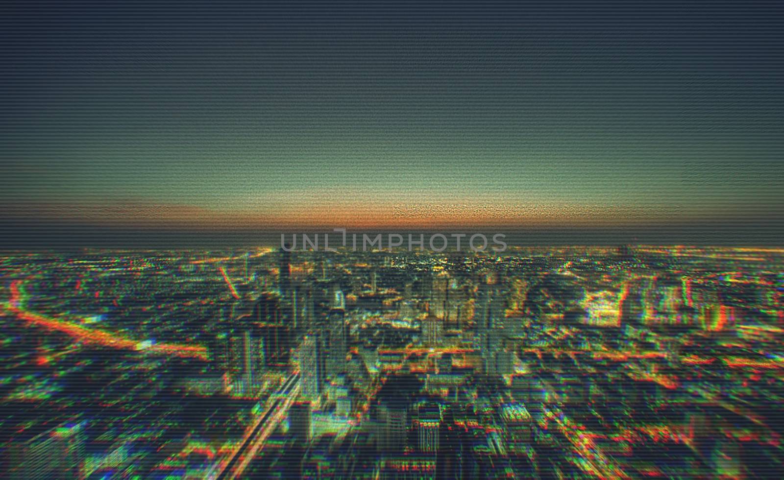 Cityscape of modern buildings in the city night background with digital glitch effect