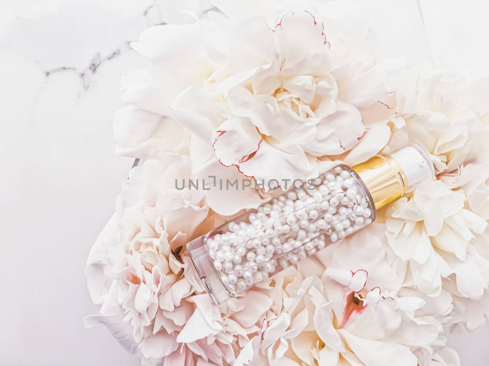 Luxurious cosmetic bottle as antiaging skincare product on background of flowers, blank label packaging for body care branding by Anneleven