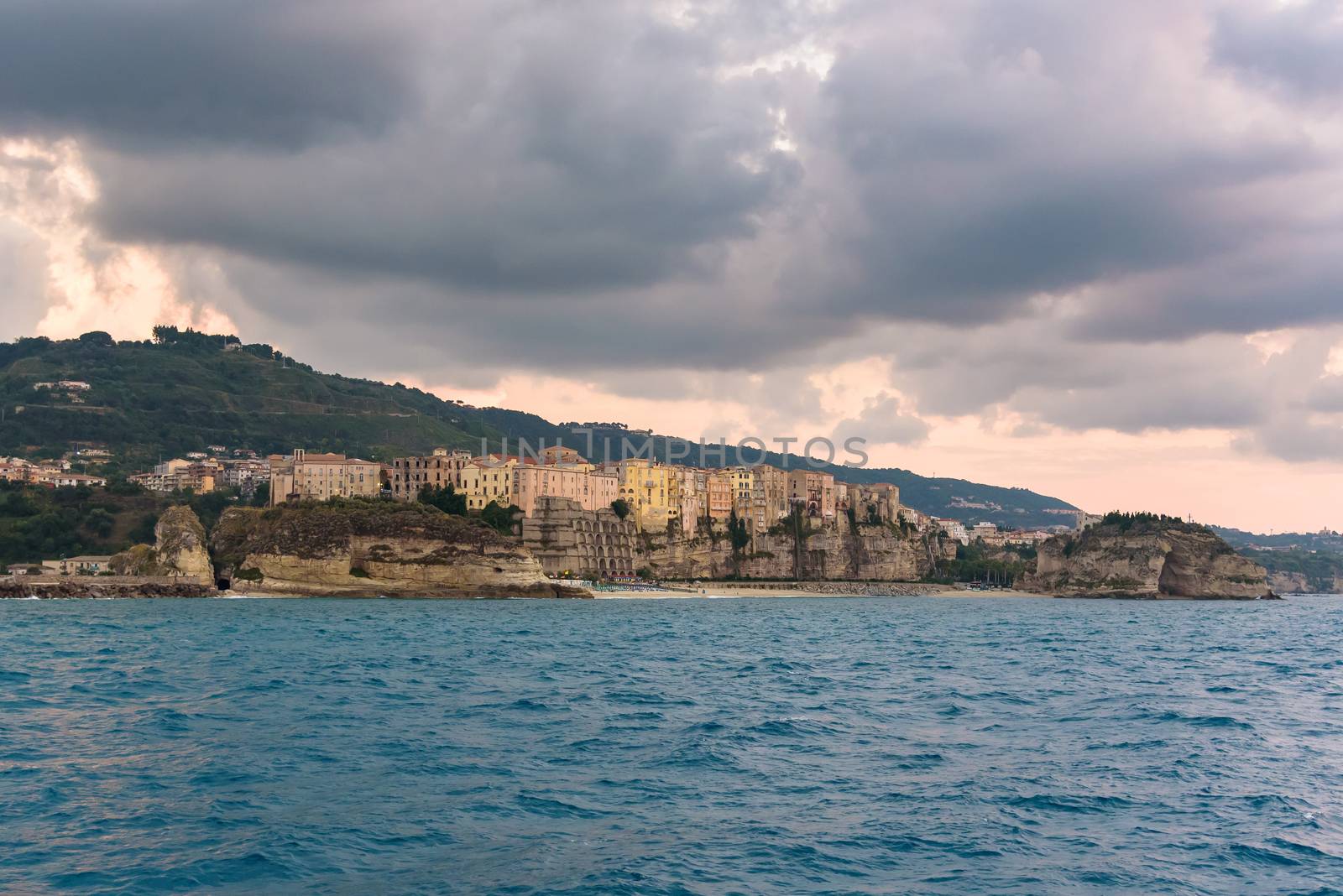 Evening view of Tropea town in Calabria, Italy