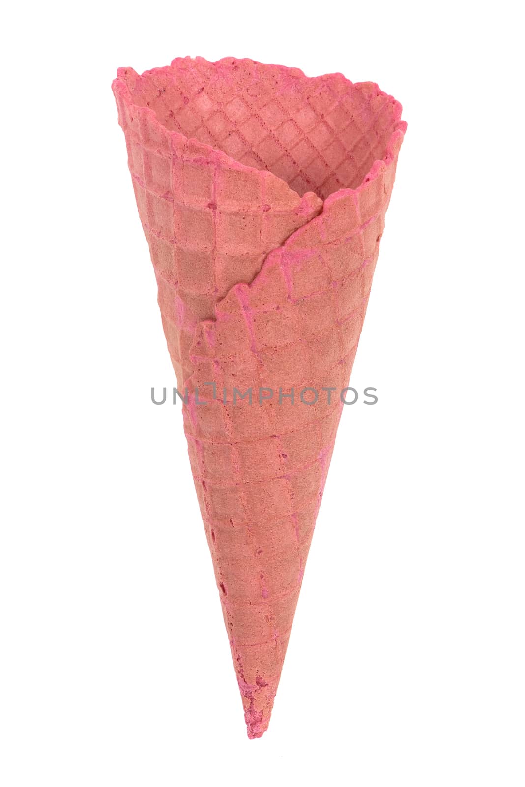 Pink empty ice cream cone isolated on white background with clipping path