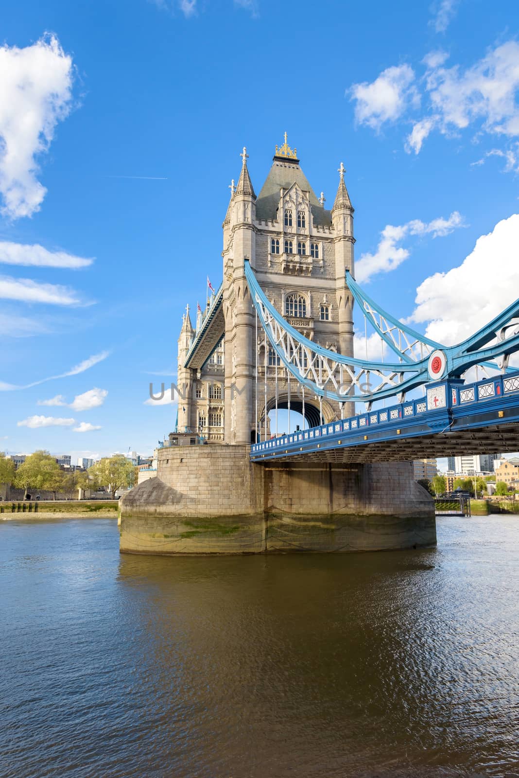 View of Tower Bridge, bascule and suspension bridge in London, UK