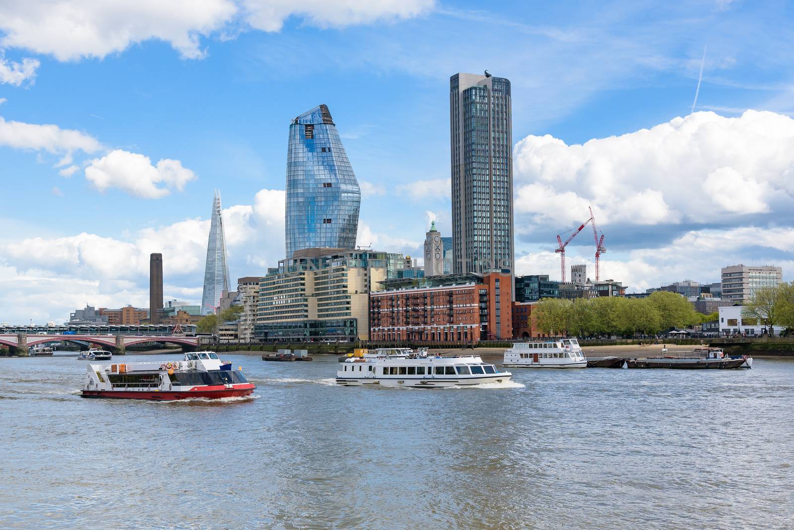 Panorama of south bank of the Thames River in central London, UK