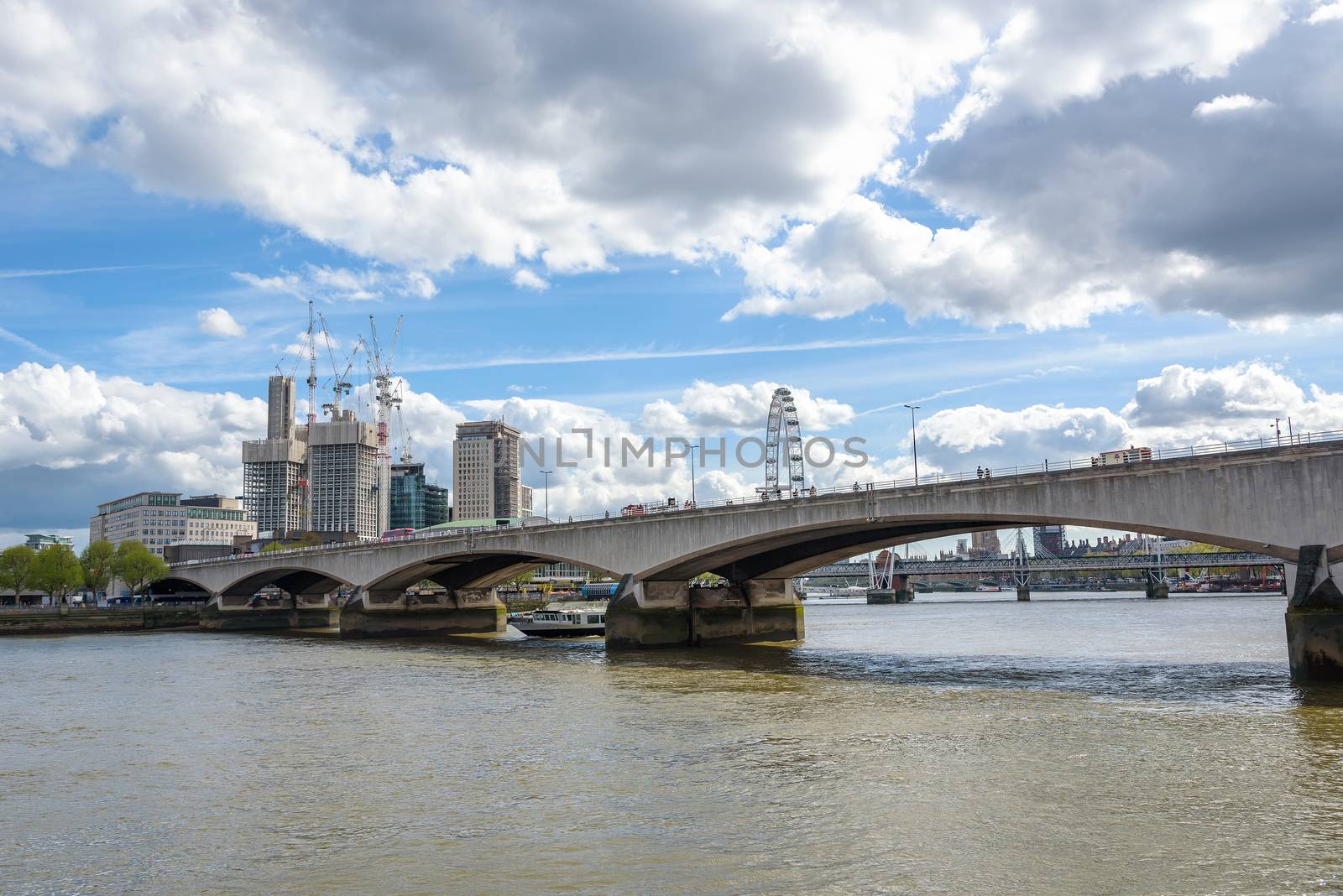 Vief of Waterloo Bridge over Thames River in London, UK