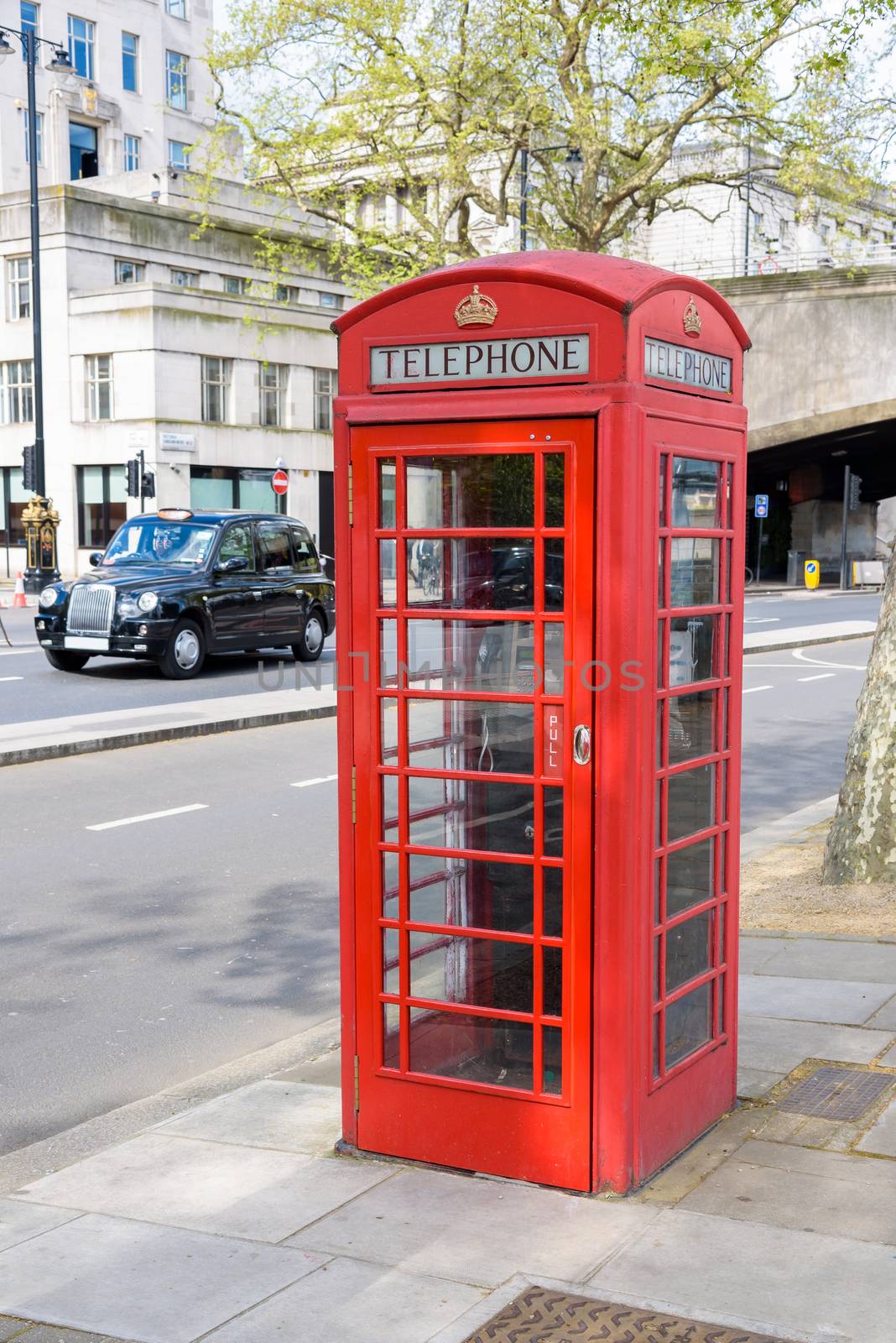 Traditional british red telephone booth in London, UK