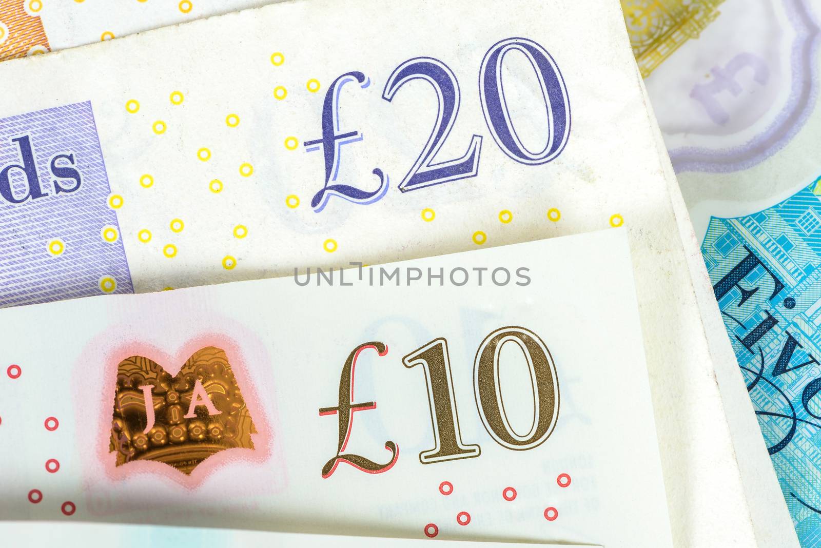 Closeup of 10 and 20 pounds banknotes. Financial background