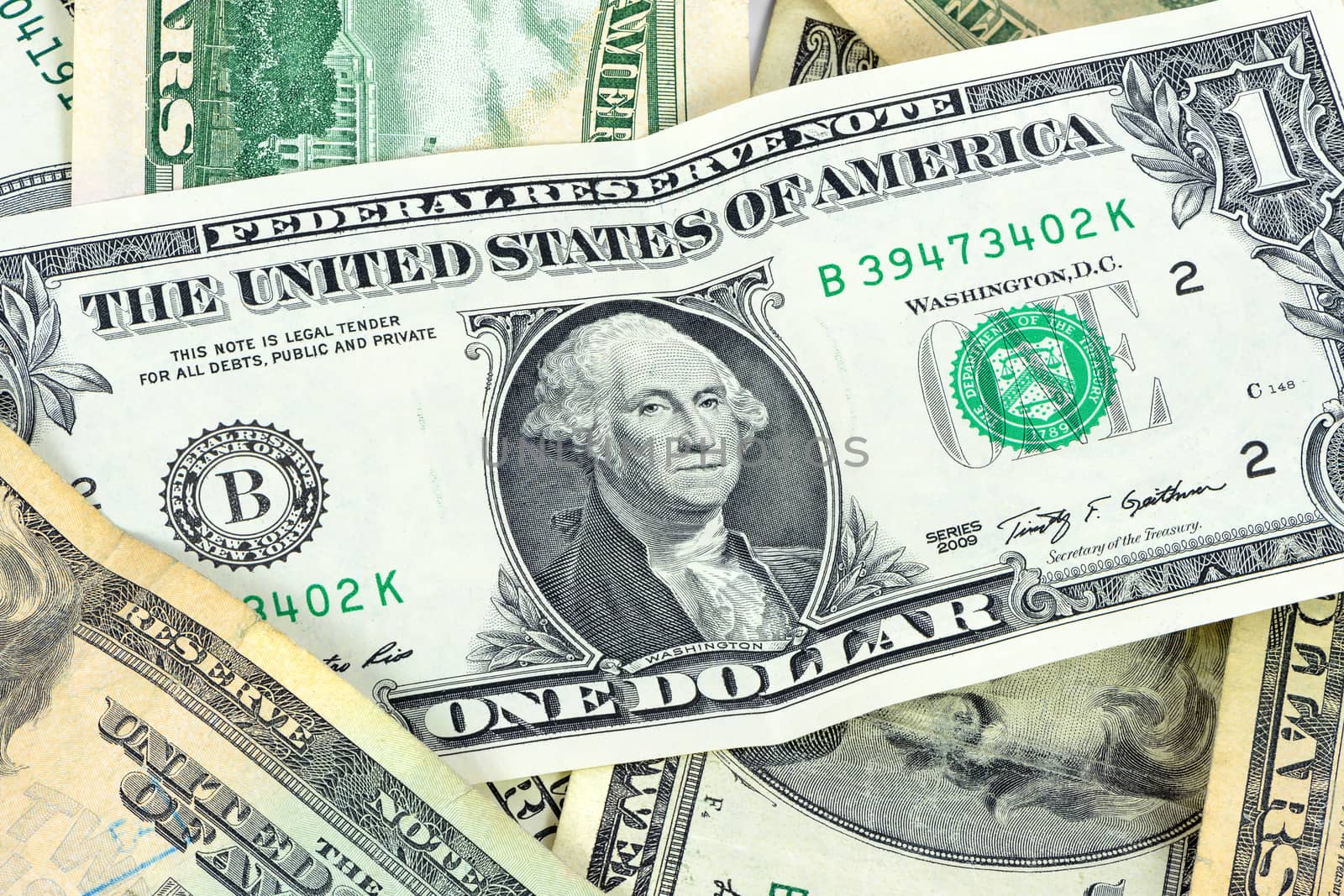 Closeup of 1 dollar banknote as financial background