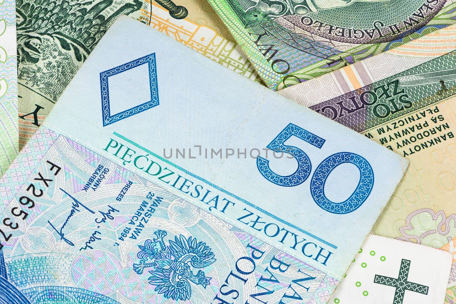 Closeup of 50 polish zloty banknote. Financial background