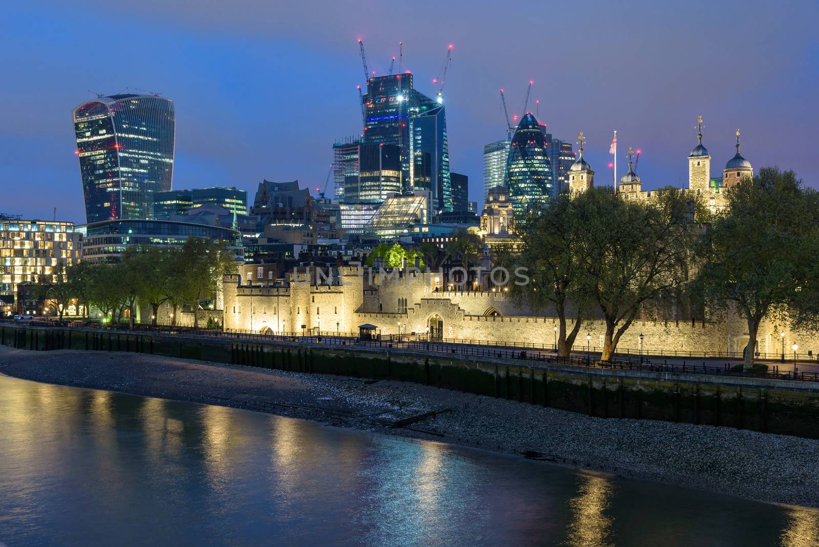 Colorful London skyline at cloudy night, United Kingdom
