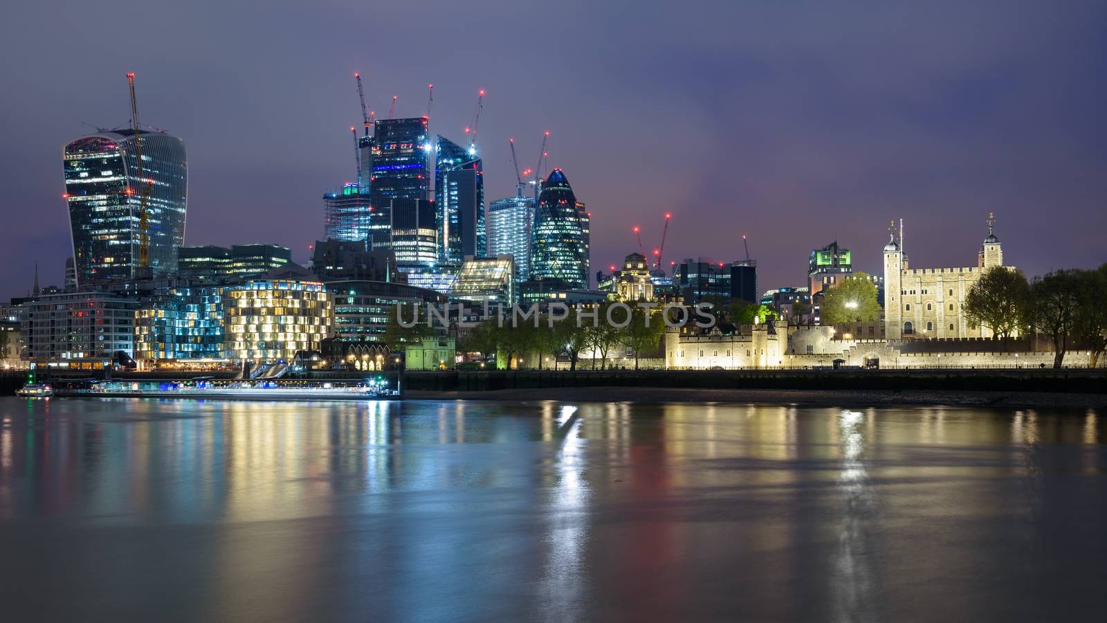 Colorful London skyline at cloudy night, United Kingdom