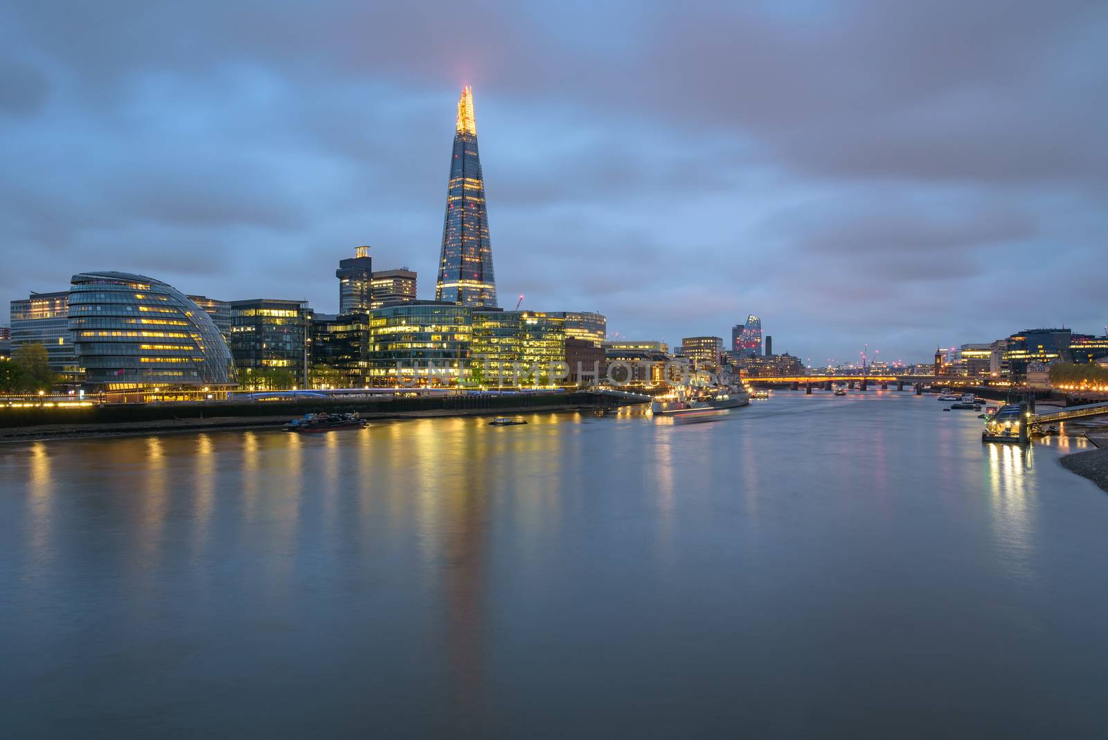 View of River Thames in London at dusk on a cloudy day, United Kingdom