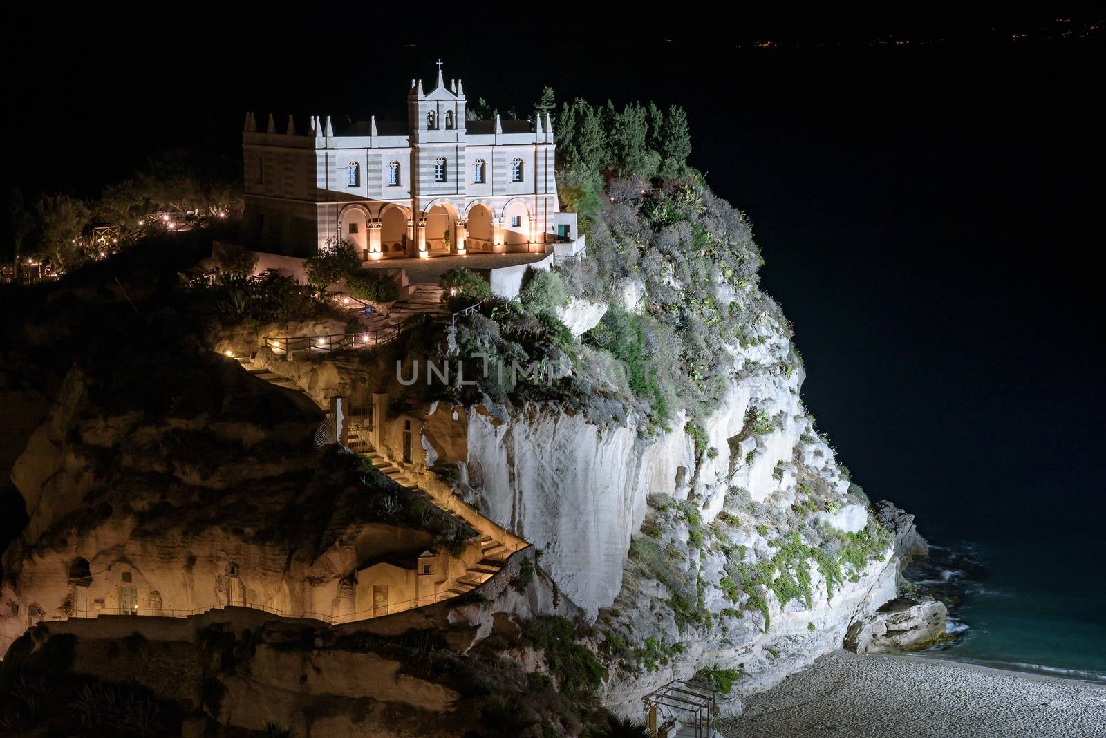 Sanctuary of Santa Maria Island in Tropea by night, Calabria, Italy