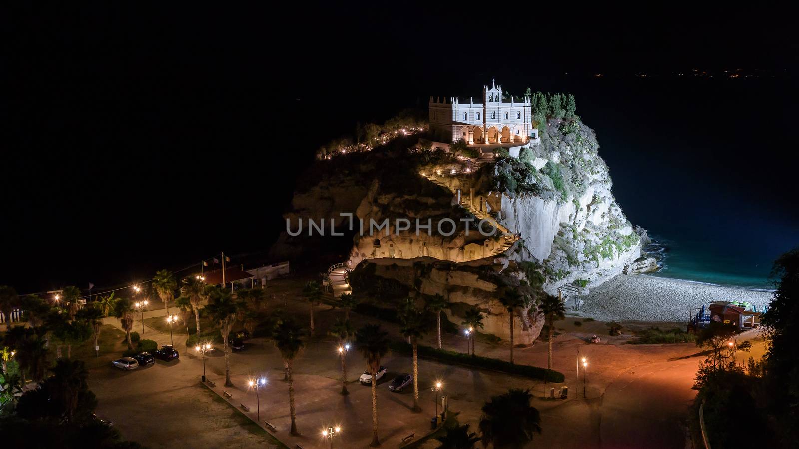 Sanctuary of Santa Maria Island in Tropea by night, Calabria, Italy