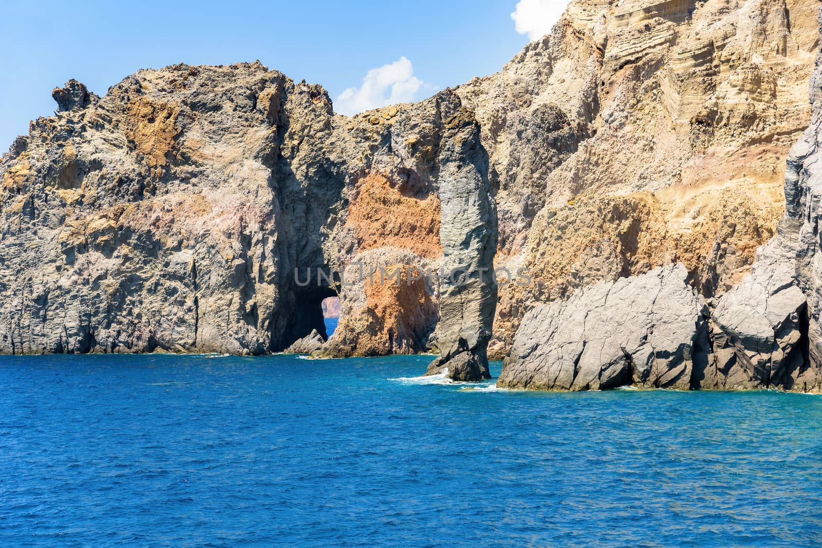 Rock formations at the coast of Lipari Island, Aeolian Islands, Italy