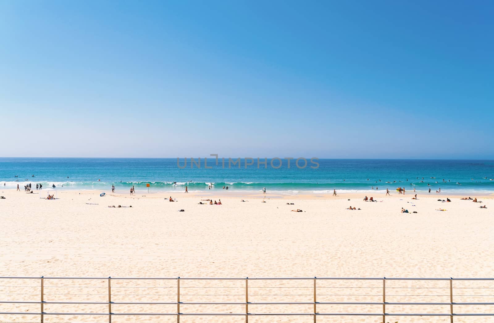 Front view of sea beach with tourist sunbathing, swimming, surfing and relaxing at Bondi beach in Sydney Australia, vacation in summer background