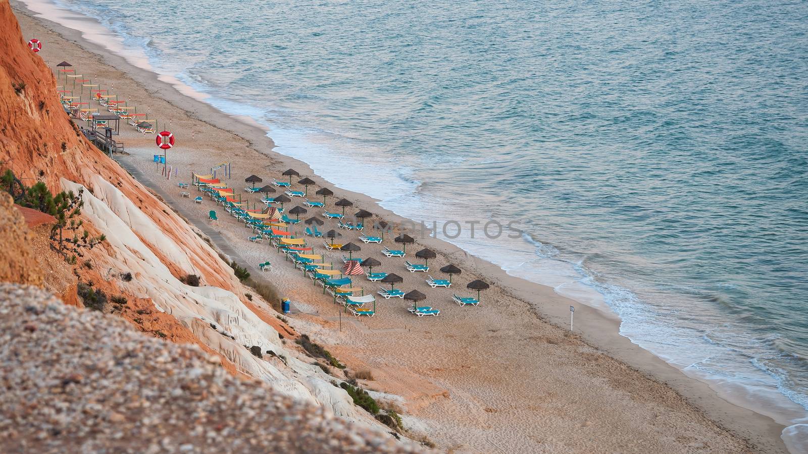 Beautiful Falesia Beach in Portugal seen from the cliff at dusk. Algarve, Portugal