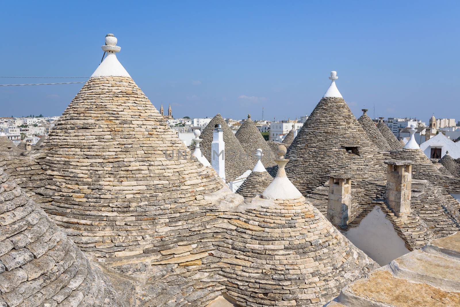 View of conical rooftops of the famous trullis in Alberobello, Apulia, Italy