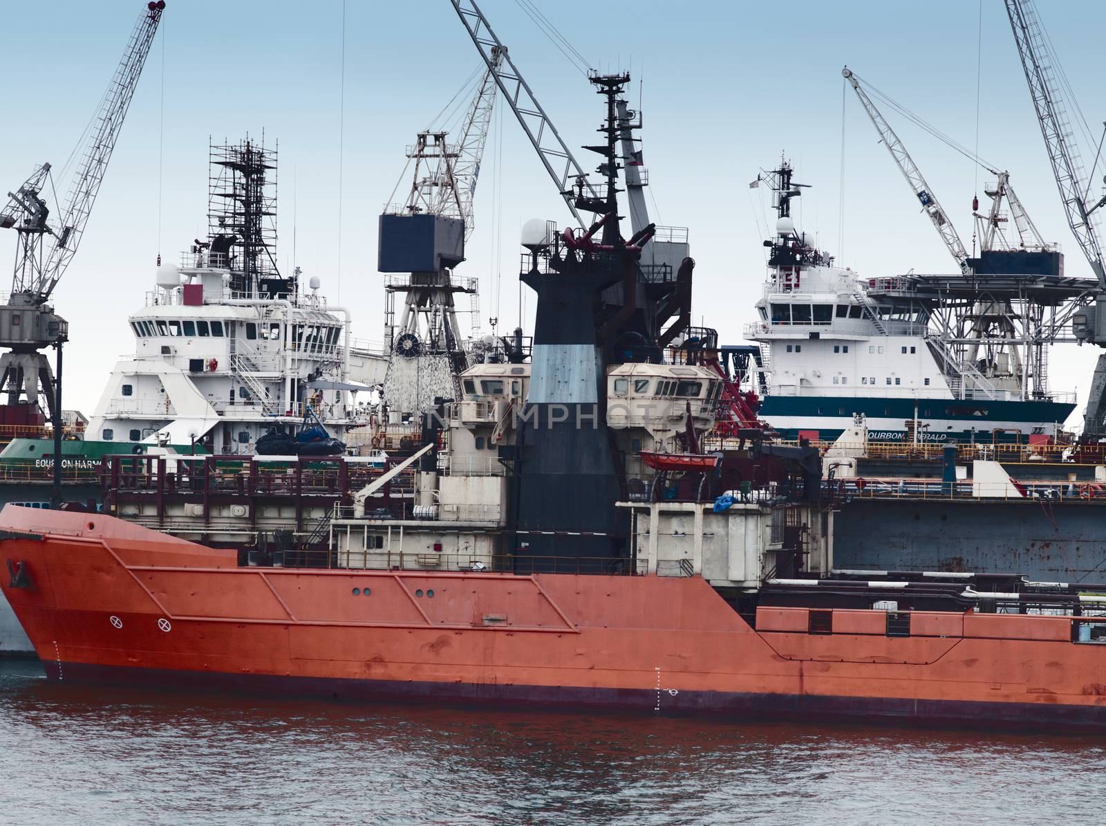 Oil Production Vessels and Supply Ships at the port of Walvis Bay, Namibia