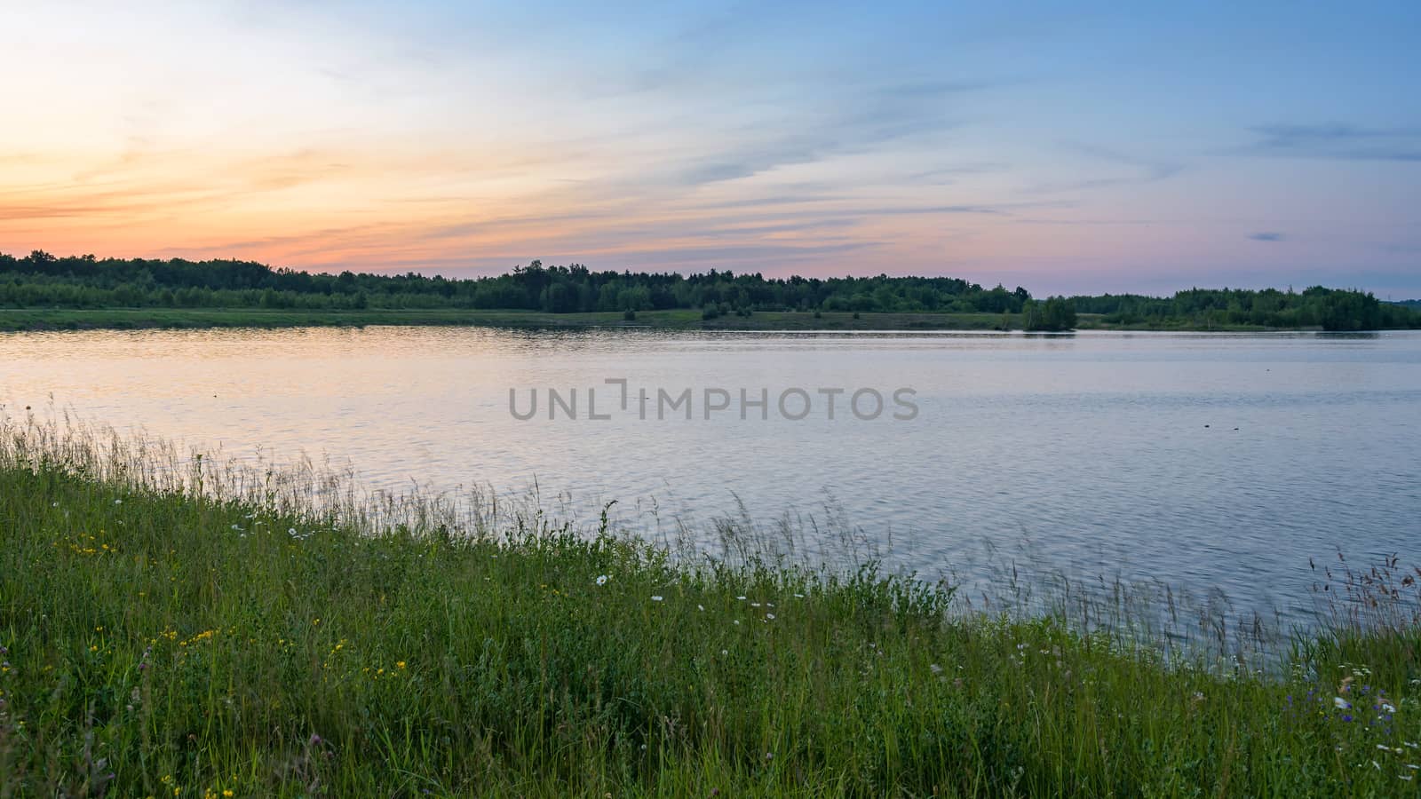 Panoramic view of Pogoria 4 lake at sunset in Dabrowa Gornicza, Poland