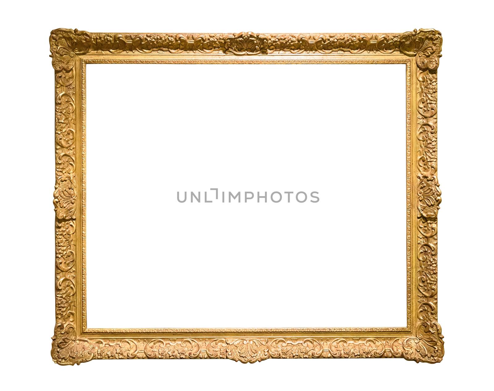 Golden decorative picture frame isolated on white background with clipping path