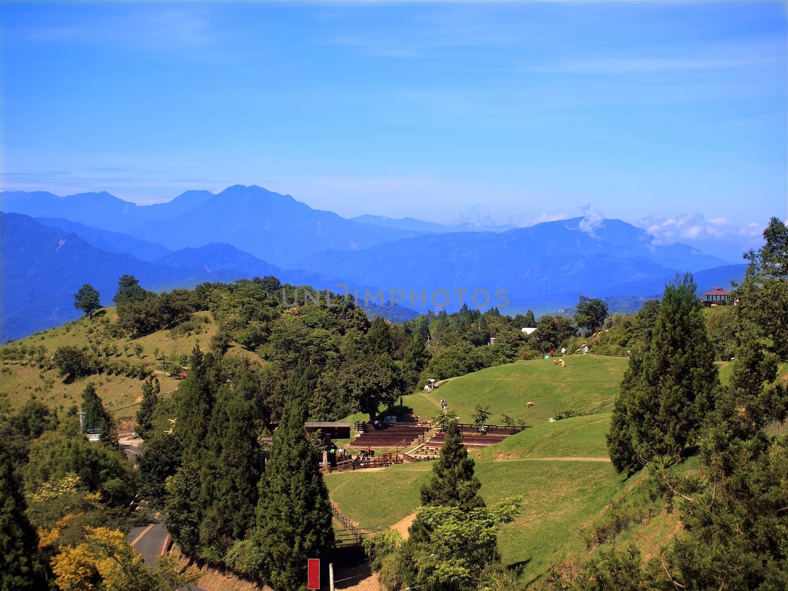 A view of the Central Mountains in Taiwan with meadows and trees
