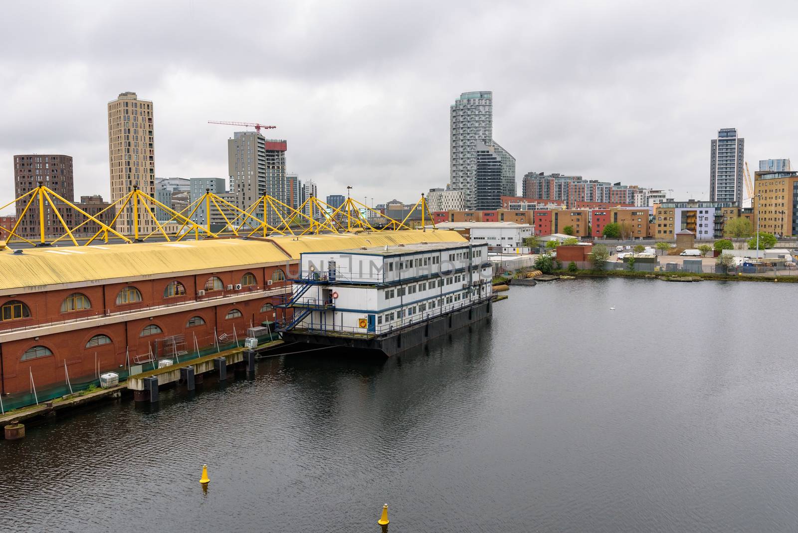 View of the North Dock in London docklands on a cloudy day