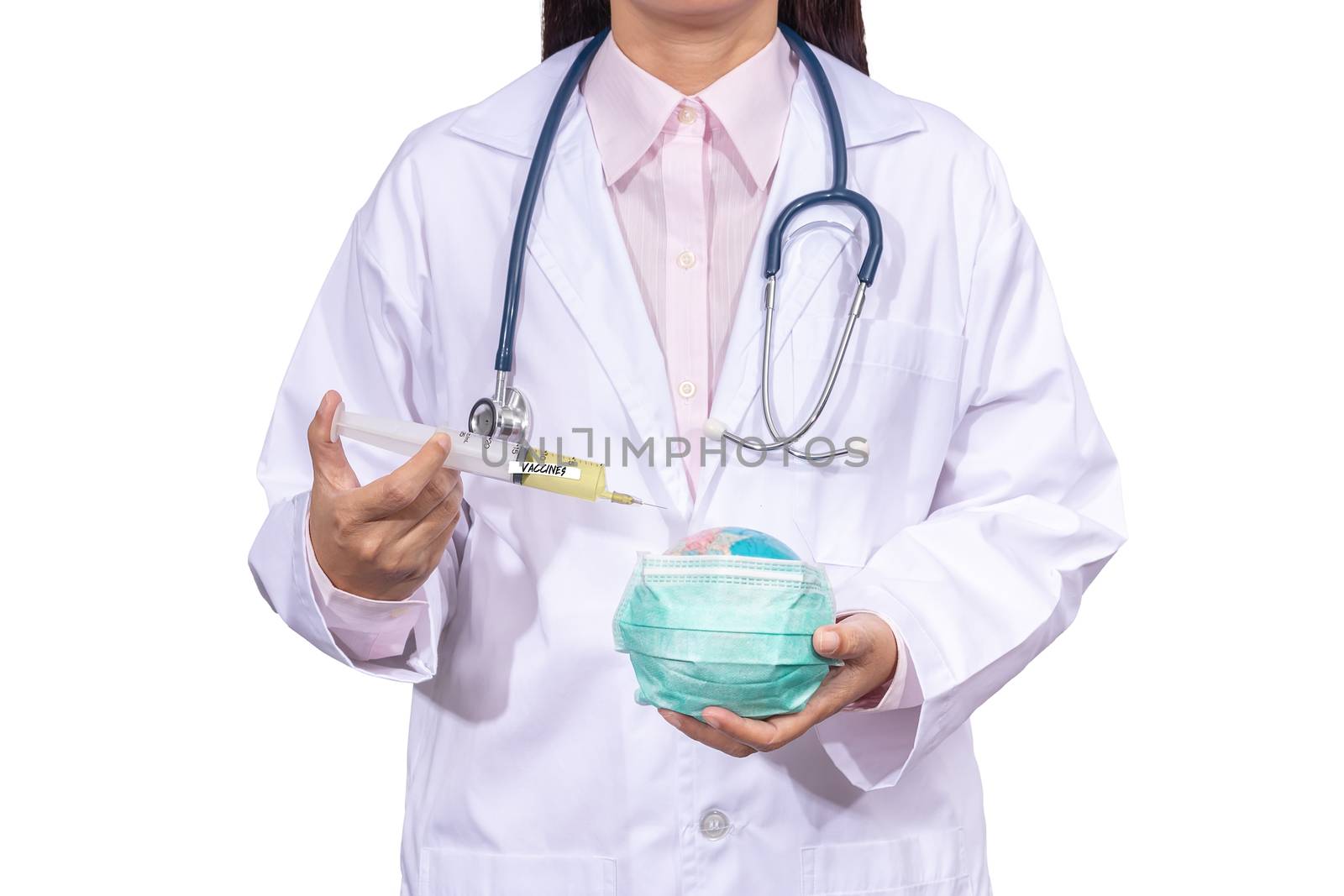 doctor in medical gown using an vaccine syringe on the globe with hygiene mask in hand. the outbreak situation of Coronavirus 2019 infection or Covid-19 concept