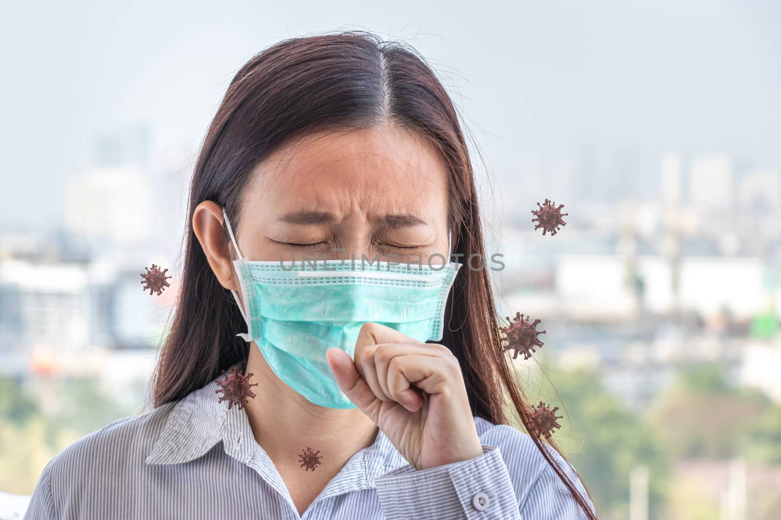 Asian people feeling sick from flu virus, coughing ,wearing hygiene mask to prevent for protect from the outbreak situation of Coronavirus 2019 infection or Covid-19