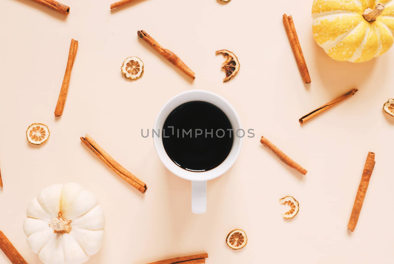 Flat lay style of autumn and thanksgiving concept with coffee, pumpkins and cinnamon sticks on pastel color, top view 