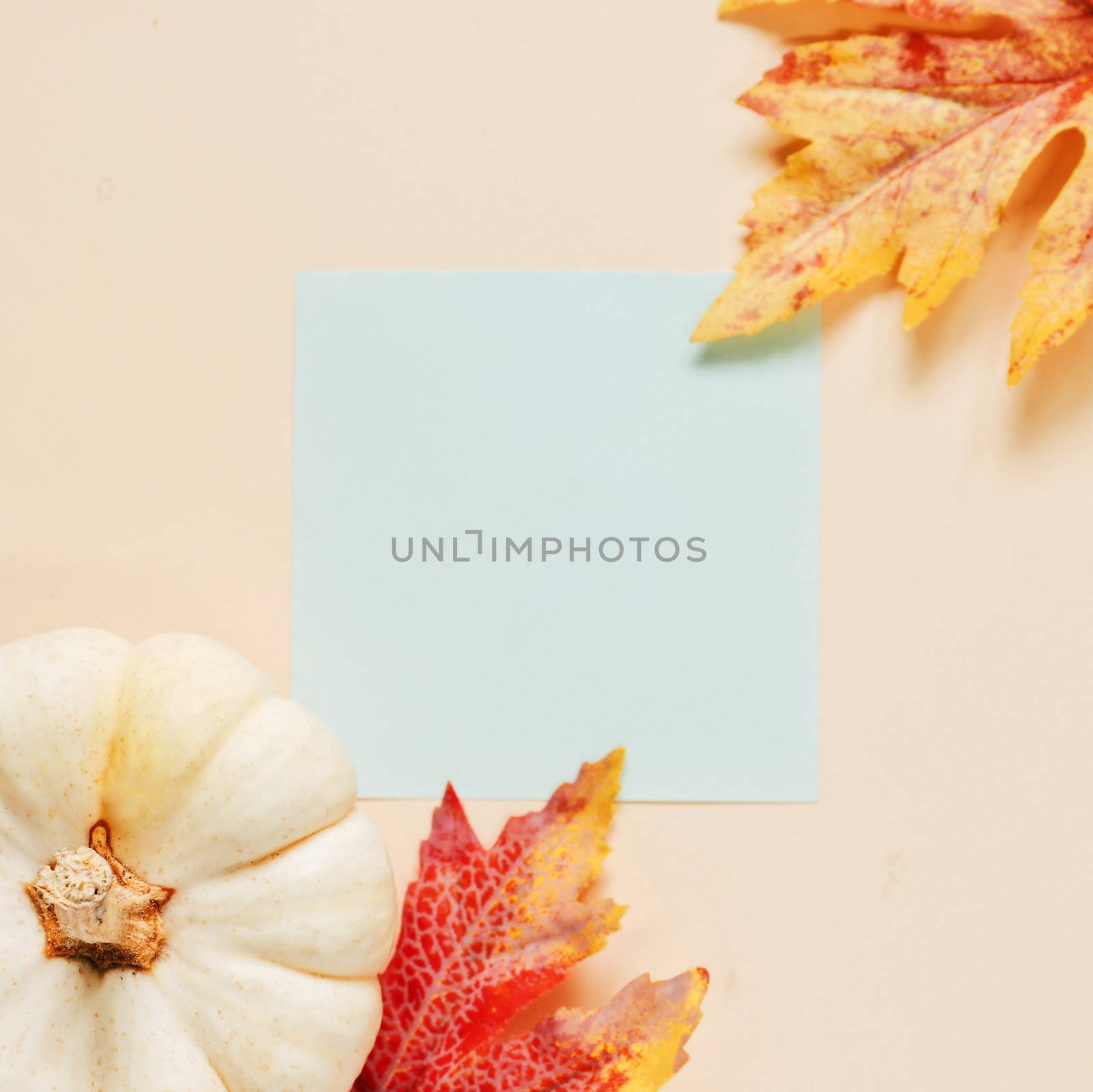 Flat lay of minimal workspace blank notebook with autumn leaves and pumpkin on yellow background, autumn and thanksgiving concept