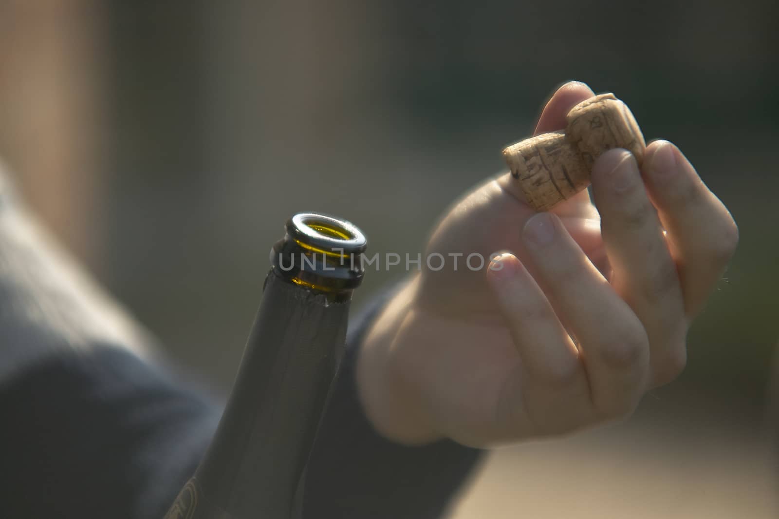 Man open the sparkling wine bottle, close up image with blurred background