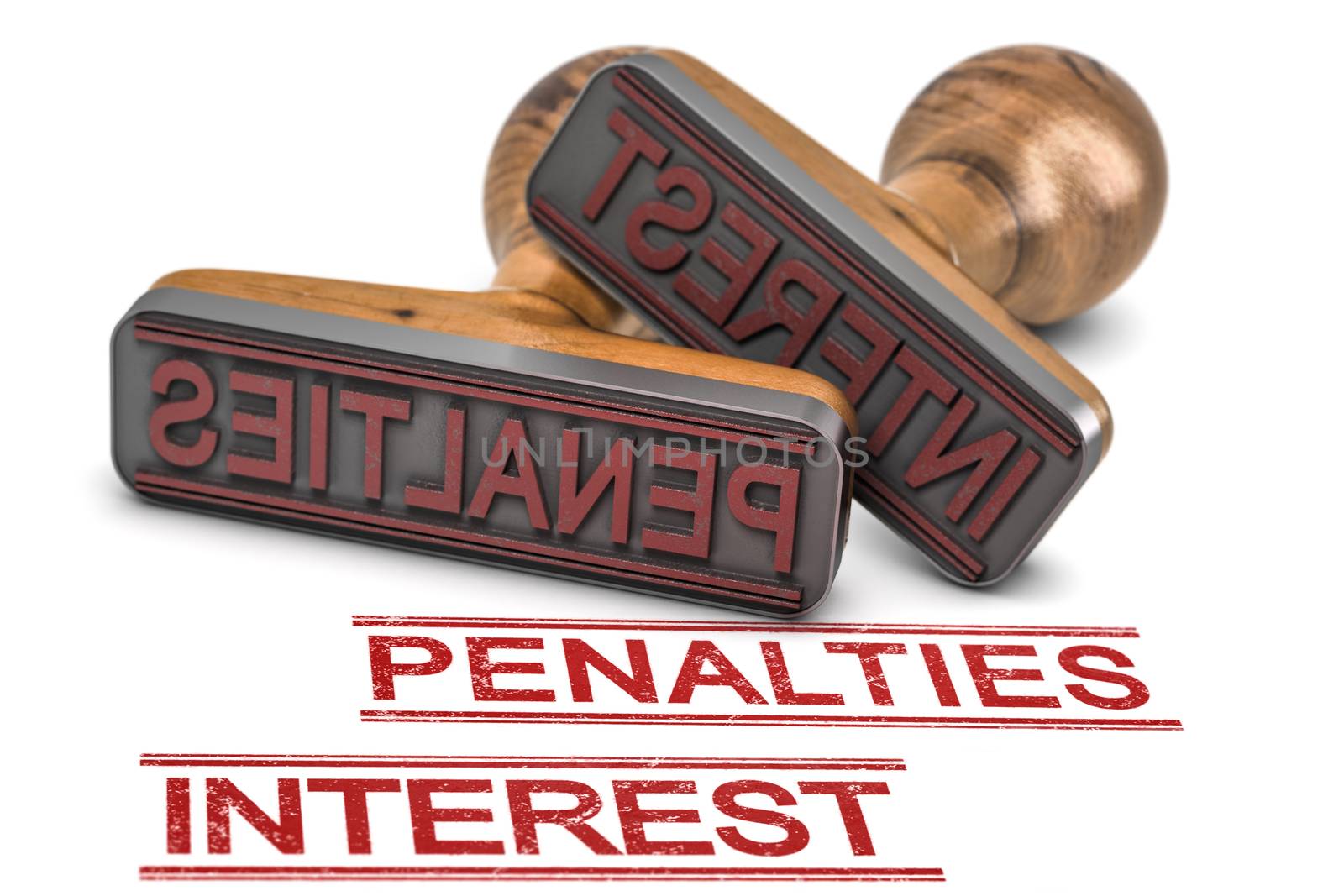 3D illustration of two rubber stamps with the words penalties and interest over white background. Unpaid income tax concept.