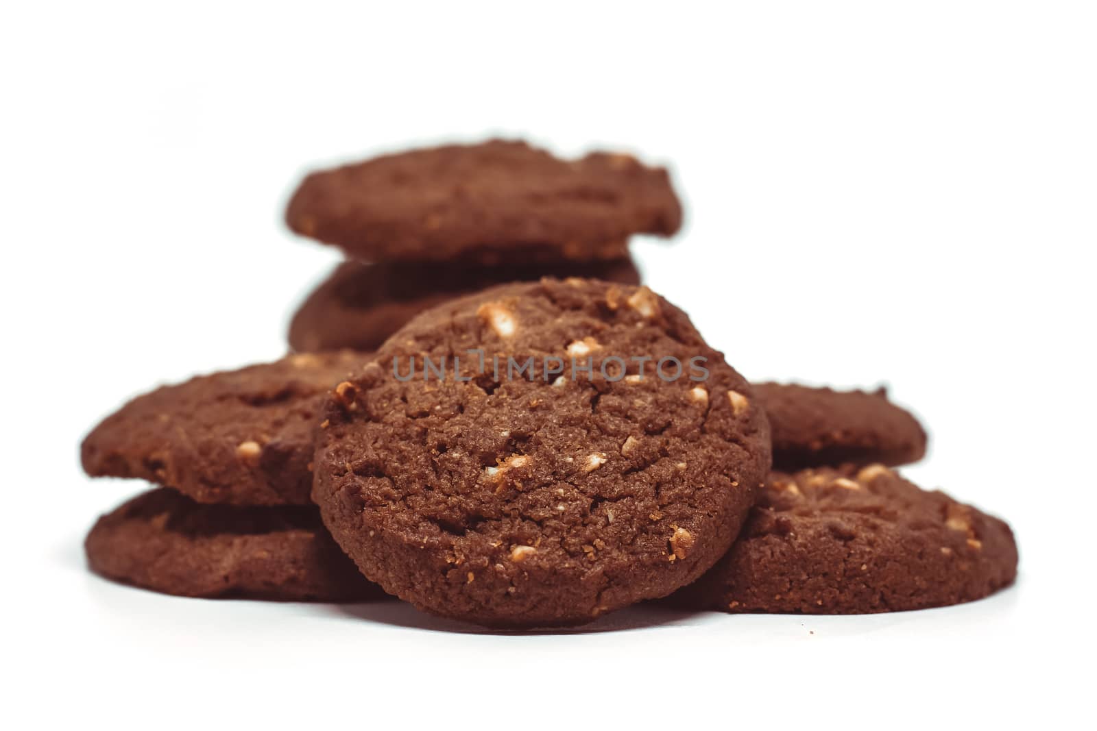 Traditional chocolate cashew butter cookies on white background for food and sweet desserts concept