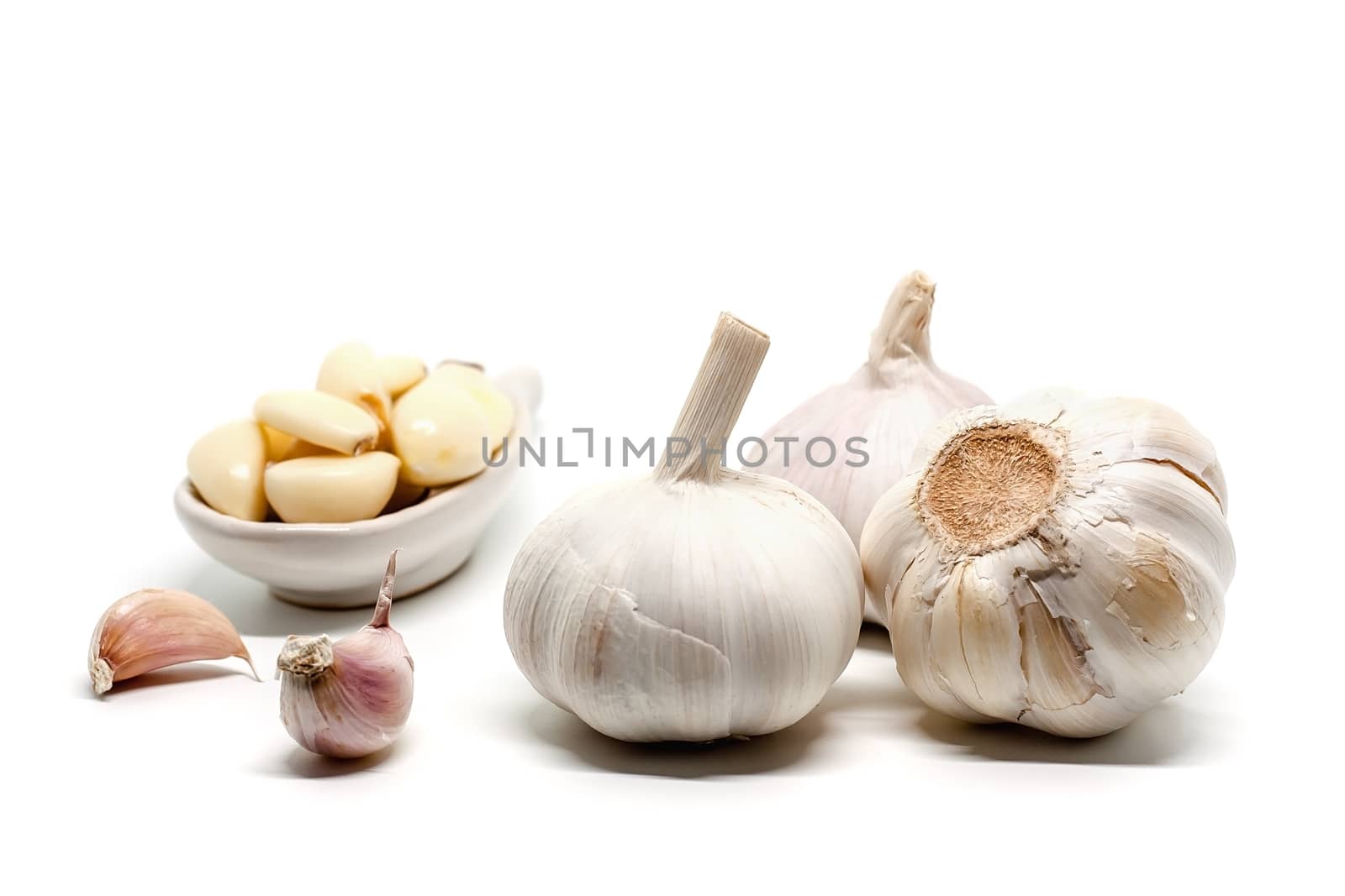 Garlic on white background for food and cooking concept