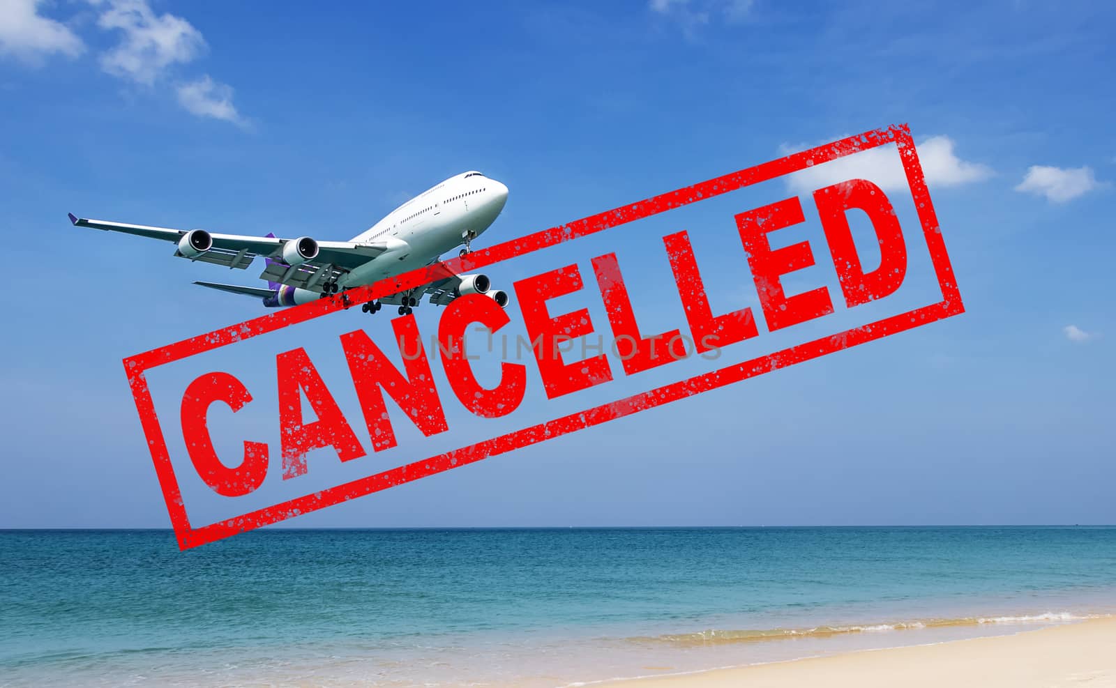 flight cancellation. commercial airplane flight over the sea with red stamp text trip cancelled from city shutdown and border closed, effect from COVID-19 Coronavirus outbreak situation