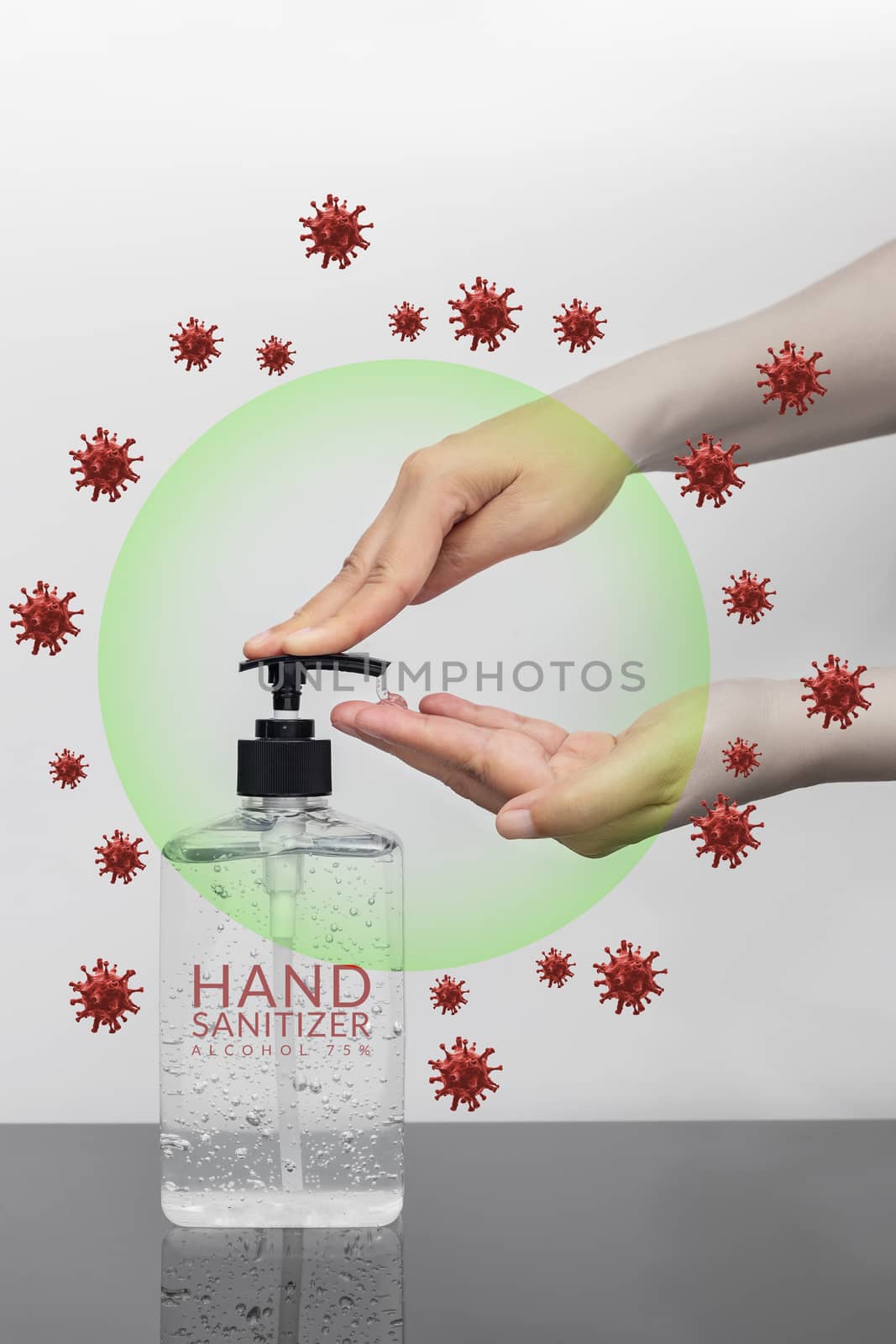 personal hygiene. people washing hand by hand sanitizer alcohol gel for cleaning and disinfection, prevention of spreading of germs with graphic of COVID-19 Coronavirus around