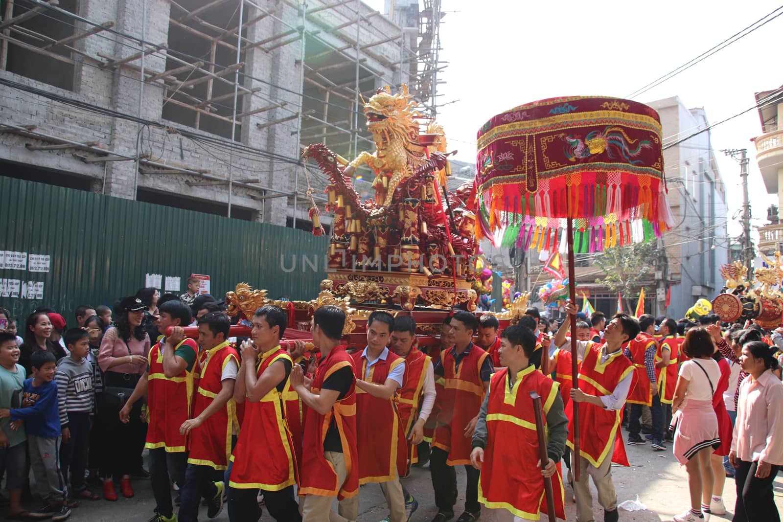 People celebrating the traditional Dong Ky Firecracker Festival or Hoi Phao Dong Ky in Bac Ninh, Vietnam